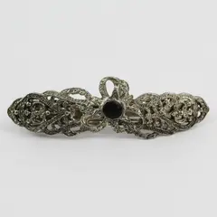 Vintage Silver Tone Filigree Barrette Black Center Cabochon