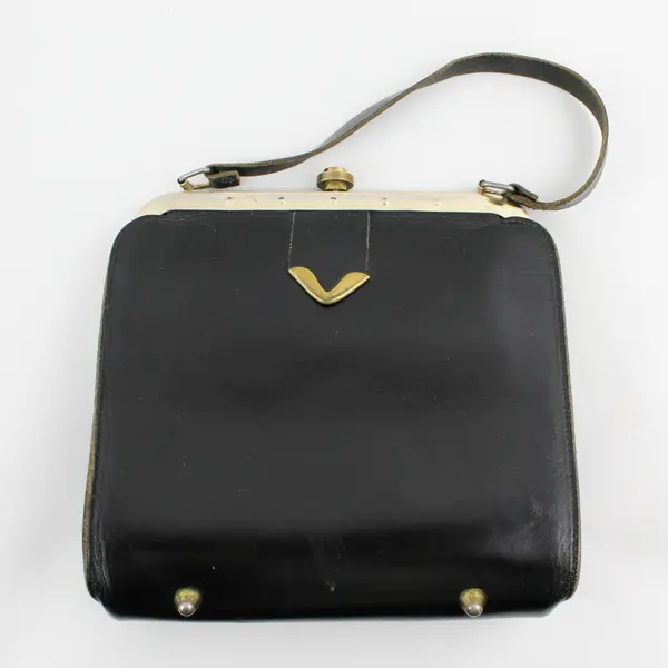 Vintage 1950's Black Leather Structured Frame - Gold Hardware & Clasp Handbag 