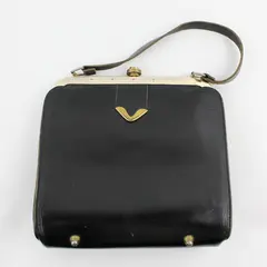 Vintage 1950's Black Leather Structured Frame - Gold Hardware & Clasp Handbag 