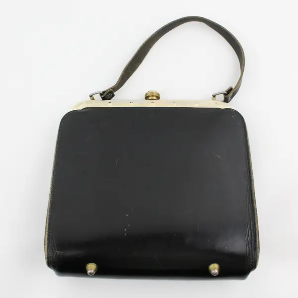 Vintage 1950's Black Leather Structured Frame - Gold Hardware & Clasp Handbag 