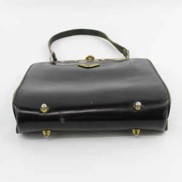 Vintage 1950's Black Leather Structured Frame - Gold Hardware & Clasp Handbag 