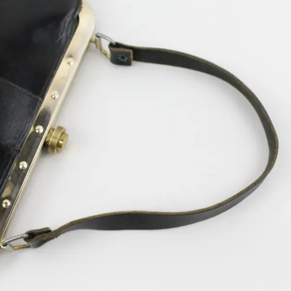 Vintage 1950's Black Leather Structured Frame - Gold Hardware & Clasp Handbag 