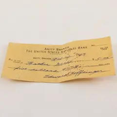 Vintage 1949 Amity Branch The United States National Bank Check Amity Oregon