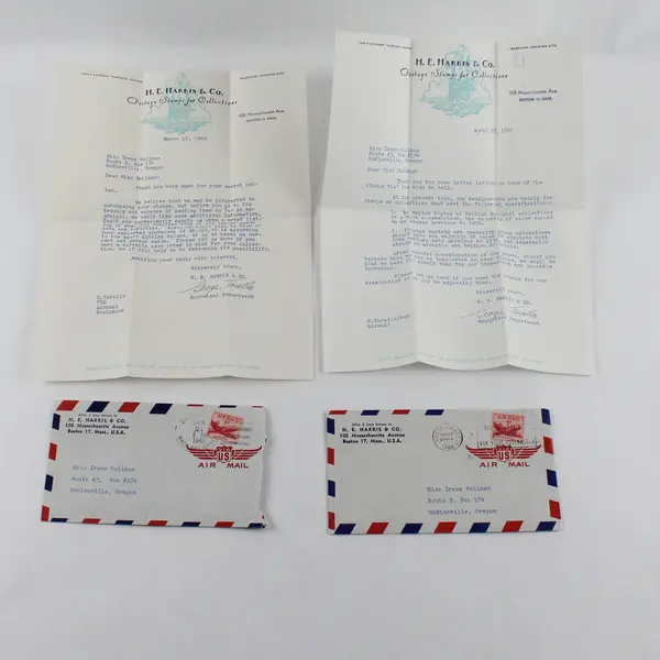 Set Of 2 1948 HE Harris & Co Stamp Collection Appraisal Correspondence Letters 