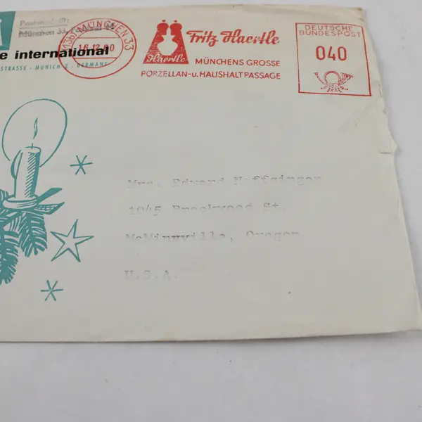 Vintage 1960 Mailed Envelope Fritz Haertle Haertle International Germany