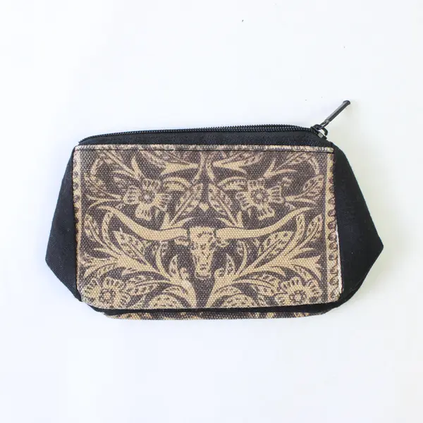 Western Cosmetic Bag Steer Skull Floral Brown Black Small Makeup Pouch
