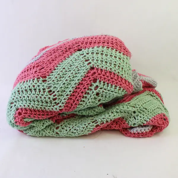 Handmade Crocheted Pink Green Gray Chevron Throw Blanket Afghan 84x118