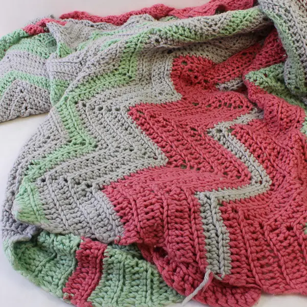 Handmade Crocheted Pink Green Gray Chevron Throw Blanket Afghan 84x118