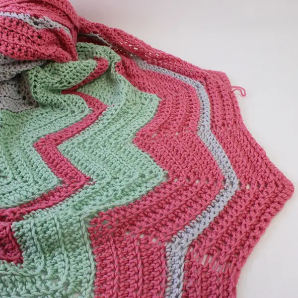 Handmade Crocheted Pink Green Gray Chevron Throw Blanket Afghan 84x118