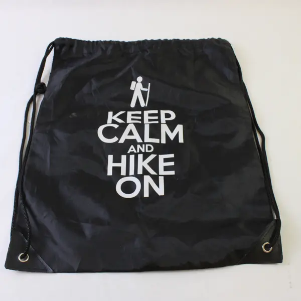 Black Nylon Keep Calm and Hike On Drawstring Backpack 13x17