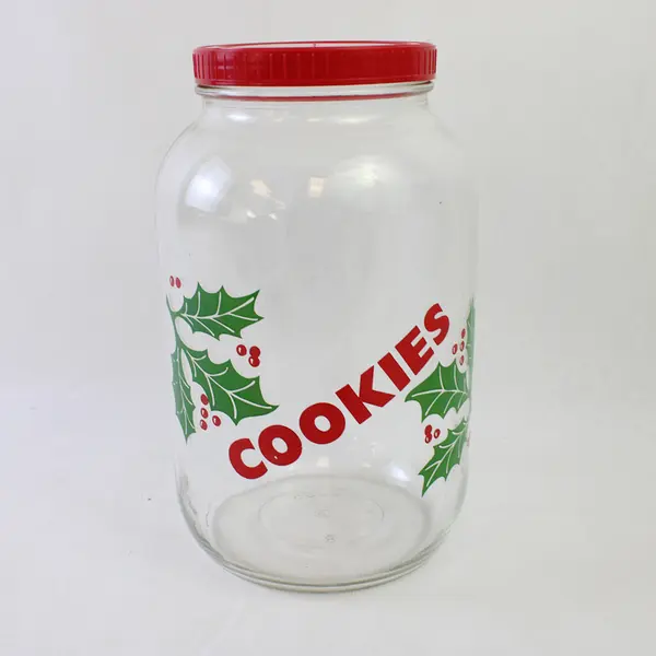 Vintage Anchor Hocking 3 Liter Glass Cookie Jar Red Lid Holly