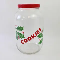 Vintage Anchor Hocking 3 Liter Glass Cookie Jar Red Lid Holly