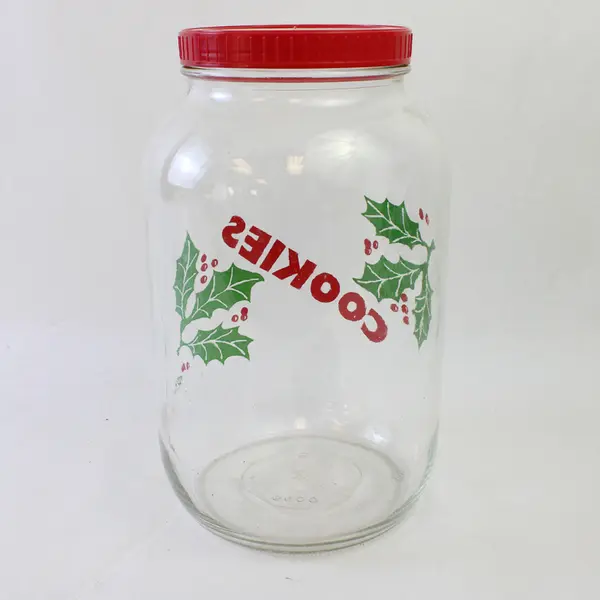 Vintage Anchor Hocking 3 Liter Glass Cookie Jar Red Lid Holly