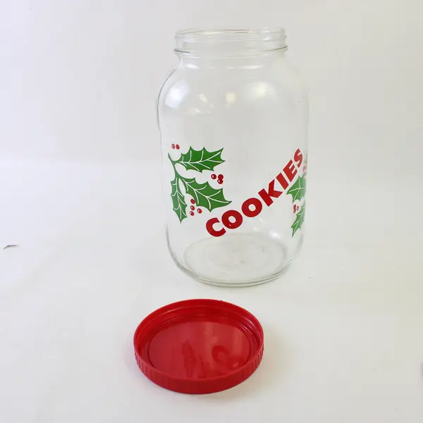 Vintage Anchor Hocking 3 Liter Glass Cookie Jar Red Lid Holly