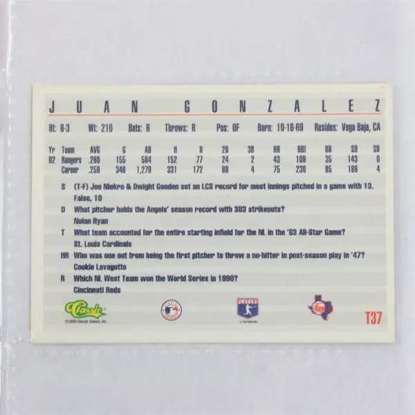 Lot 7 Baseball Cards Strawberry Juan Gonzalez Donruss Topps Star Classic