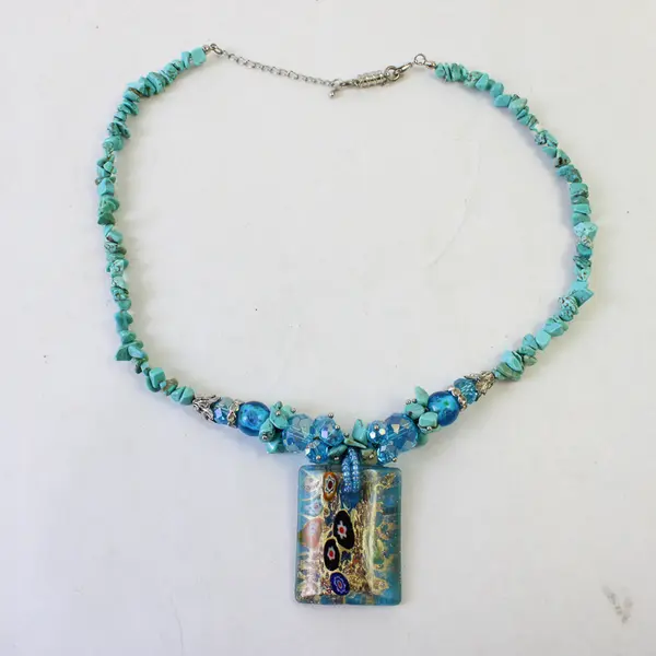 Aqua Blue Millefiori Beaded Art Glass Pendant Necklace 22"