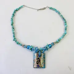 Aqua Blue Millefiori Beaded Art Glass Pendant Necklace 22"