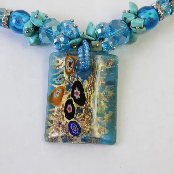 Aqua Blue Millefiori Beaded Art Glass Pendant Necklace 22"