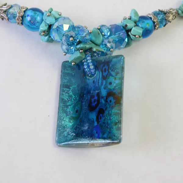 Aqua Blue Millefiori Beaded Art Glass Pendant Necklace 22"