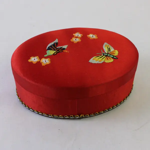 Vintage Red Oval Butterfly Embroidered Jewelry Trinket Box 5in