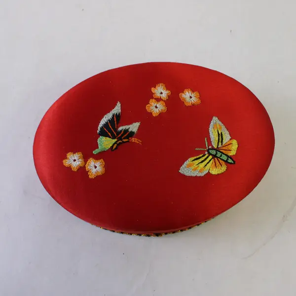 Vintage Red Oval Butterfly Embroidered Jewelry Trinket Box 5in