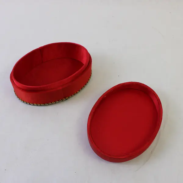 Vintage Red Oval Butterfly Embroidered Jewelry Trinket Box 5in