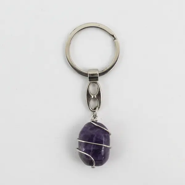 Keychain Polished Amethyst Stone Wrapped In Wire