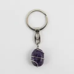 Keychain Polished Amethyst Stone Wrapped In Wire