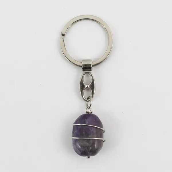 Keychain Polished Amethyst Stone Wrapped In Wire