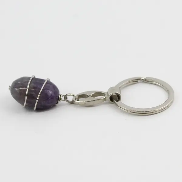 Keychain Polished Amethyst Stone Wrapped In Wire