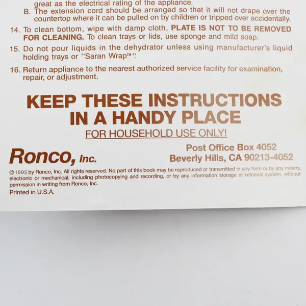 Ronco Food Dehydrator & Yogurt Maker Instruction & Recipe Book 1995 Paperback