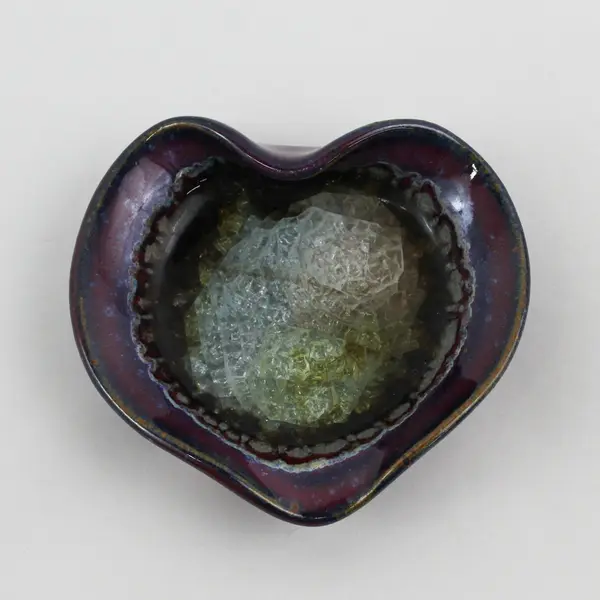 Vintage Purple  Art Pottery Heart Shaped Trinket Dish With Crackle Glass Center