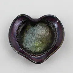 Vintage Purple  Art Pottery Heart Shaped Trinket Dish With Crackle Glass Center