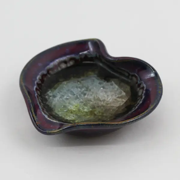 Vintage Purple  Art Pottery Heart Shaped Trinket Dish With Crackle Glass Center