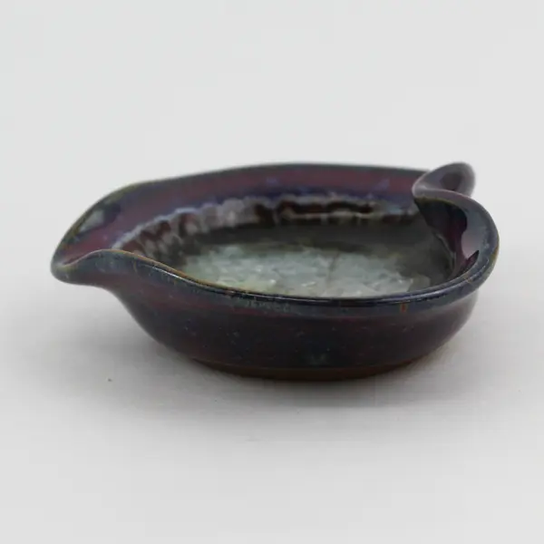 Vintage Purple  Art Pottery Heart Shaped Trinket Dish With Crackle Glass Center