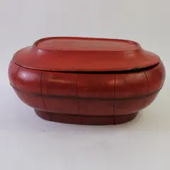 Antique Chinese Red Lacquered Wood Grain Oblong Lunch Box With Lid 