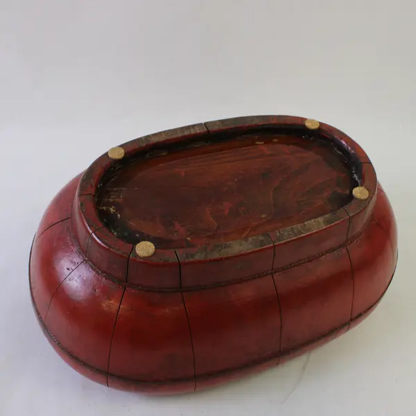 Antique Chinese Red Lacquered Wood Grain Oblong Lunch Box With Lid 