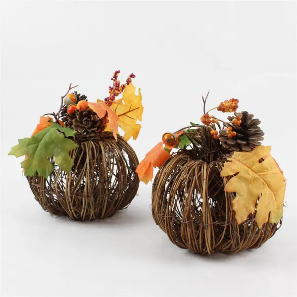 Lot of 2 Decorative Rustic Grapevine Twig Pumpkins with Faux Foliage 9"