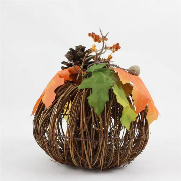 Lot of 2 Decorative Rustic Grapevine Twig Pumpkins with Faux Foliage 9"