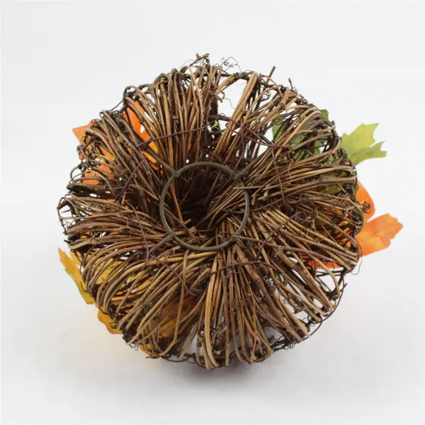 Lot of 2 Decorative Rustic Grapevine Twig Pumpkins with Faux Foliage 9"