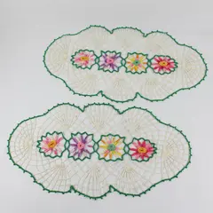 Set of 2 Vintage Handmade Crocheted Multicolor Flower Dresser Scarves 23"