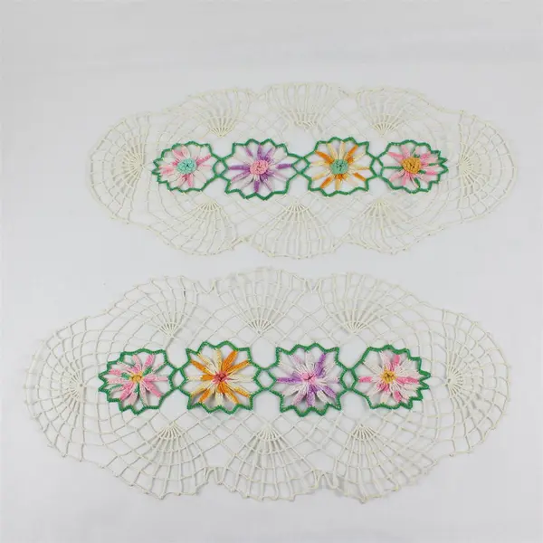 Set of 2 VTG Crocheted Multicolor Flower Dresser Scarves 23" DIY Upcycle Flawed