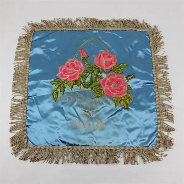 Vintage Roses in Basket Fringed Painted Satin Pillow Cover 17" x 17"