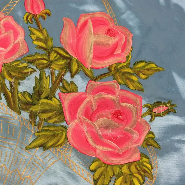Vintage Roses in Basket Fringed Painted Satin Pillow Cover 17" x 17"