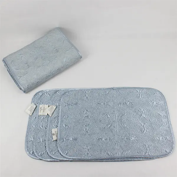 5 Pc Set Calzeat of Scotland Powder Blue Quilted Satin Placemats & Table Runner