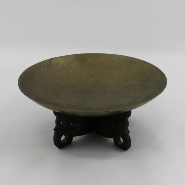 Vintage Etched Dragon Chinese Brass Bowl With 2 Piece Carved Wooden Stand