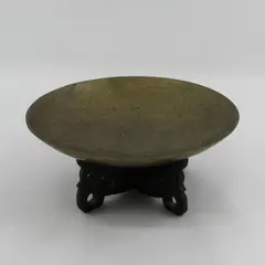 Vintage Etched Dragon Chinese Brass Bowl With 2 Piece Carved Wooden Stand