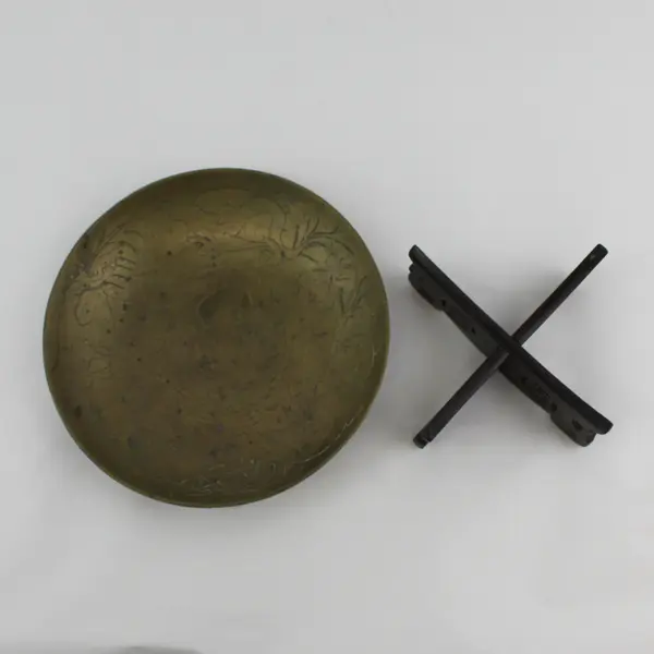 Vintage Etched Dragon Chinese Brass Bowl With 2 Piece Carved Wooden Stand