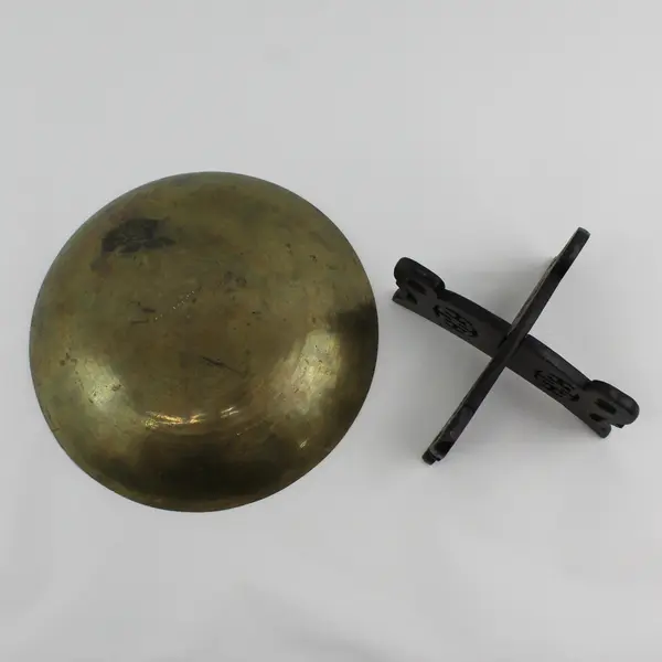 Vintage Etched Dragon Chinese Brass Bowl With 2 Piece Carved Wooden Stand