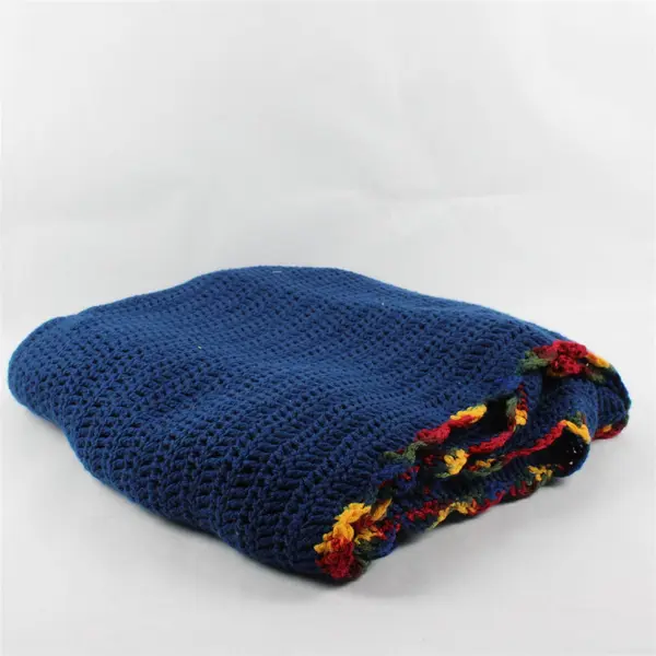 Handmade Navy Blue Crocheted Throw Blanket Multicolor Scalloped Edge 56" x 80"